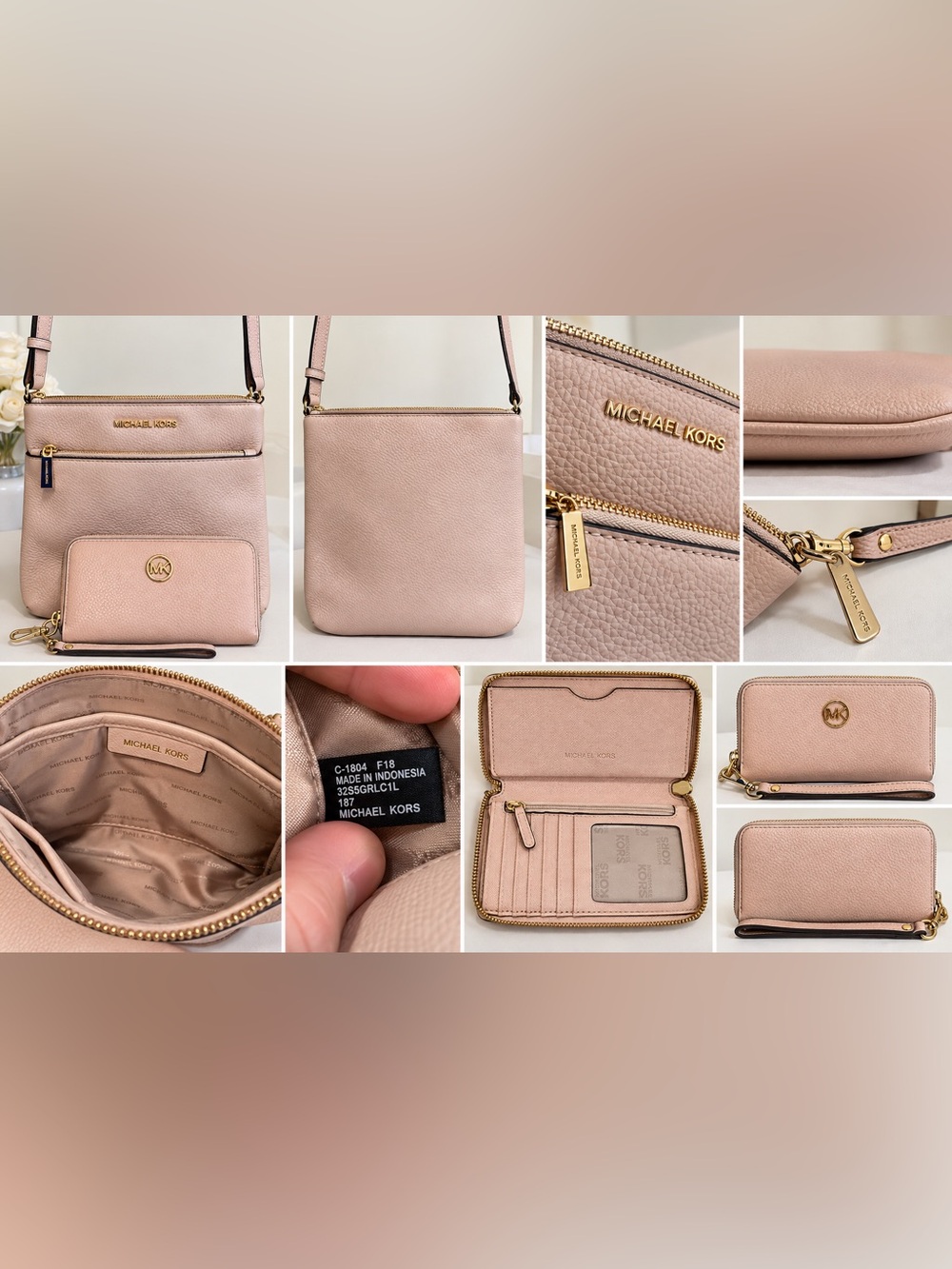 Michael Kors Blush Pink Pebbled Leather Crossbody Bag & Zip Wristlet Wallet Set